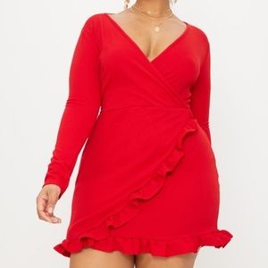 Plus Red Ruffle Detail Wrap Dress